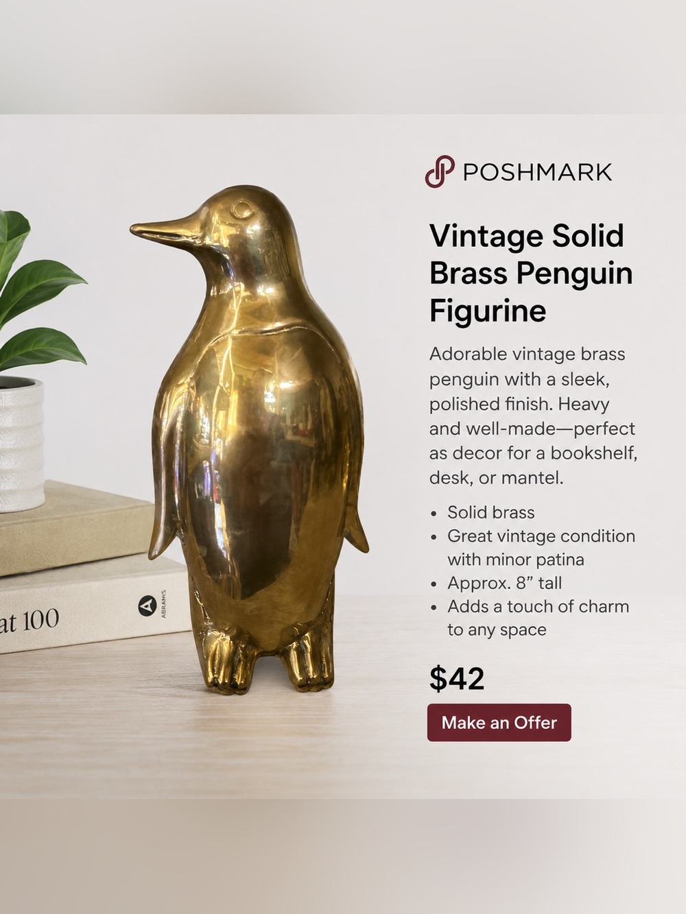Vintage Solid Brass Penguin Figurine | Mid-Century Coastal Decor